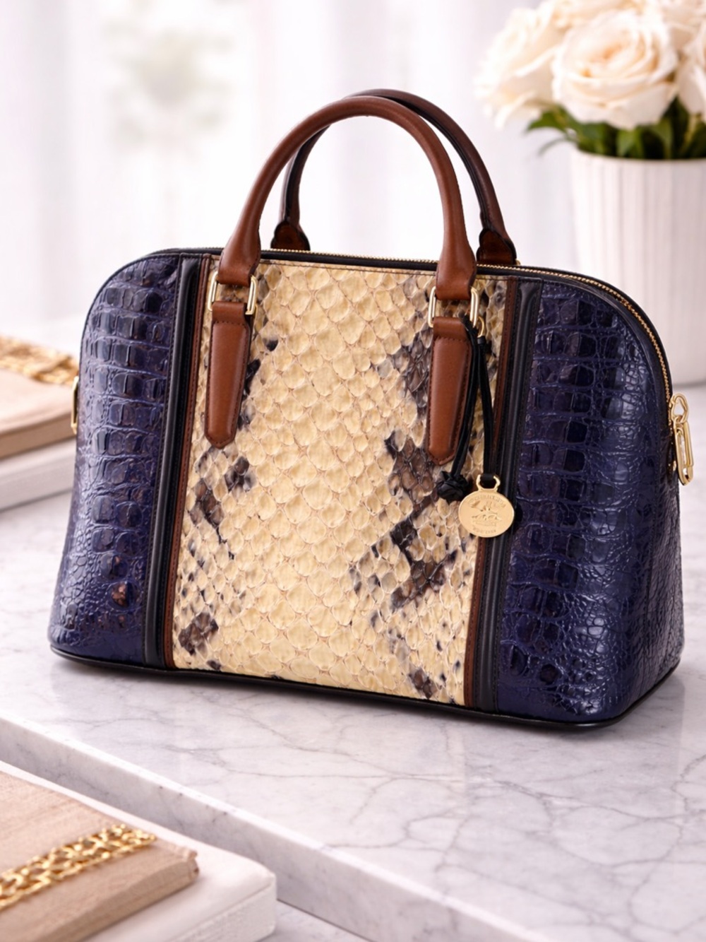 Brahmin Juliette Satchel Poppy Seed Allendale Croc Embossed Leather Bag